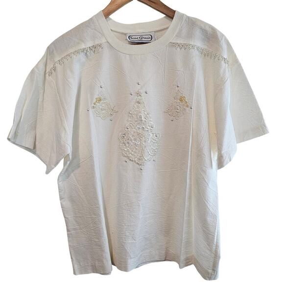 Saint Germain Vintage Blouse Women Medium White Beaded Cottage Glam Retro Granny - Picture 1 of 10
